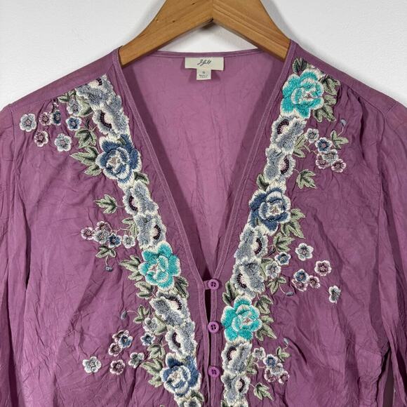 J.Jill Top Women S Purple Long Sleeve Embroidered Pop Over Boho Button Up Blouse - Picture 3 of 8